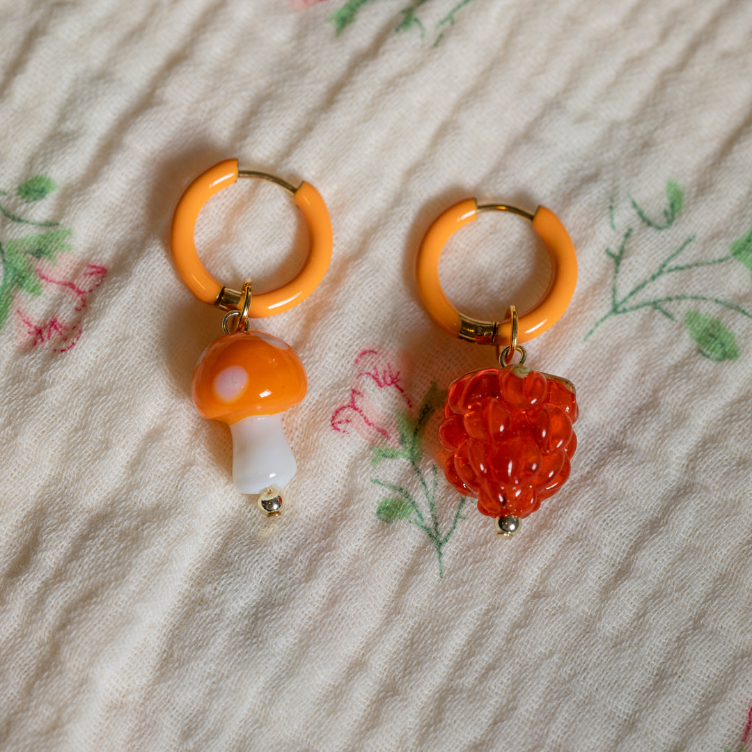 Orange raspberry and mushroom earrings