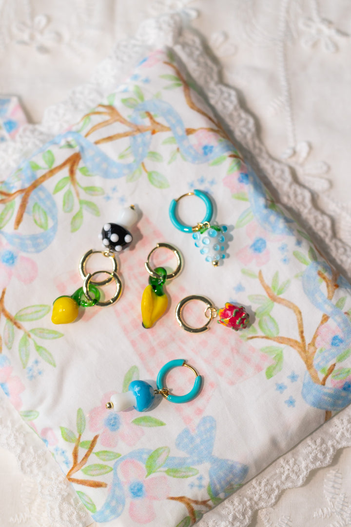 blue mushroom and raspberry earrings