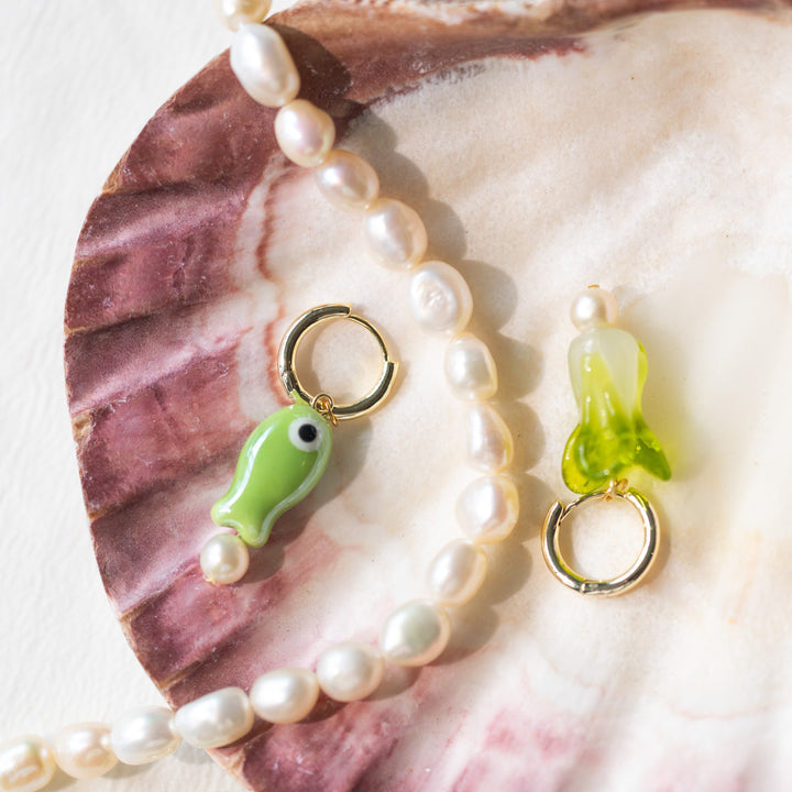 Green fish and vegetable earrings