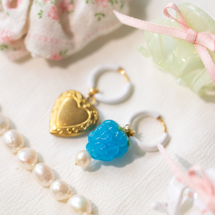 Vintage Heart Locket & Blue Raspberry Freshwater Pearl Hoop Earrings