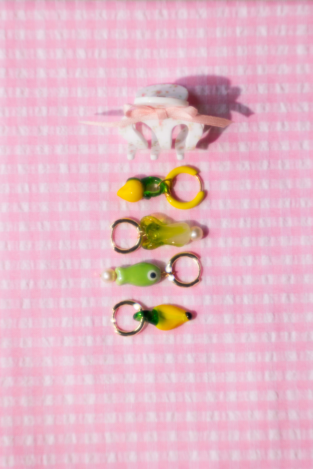 Green fish and vegetable earrings