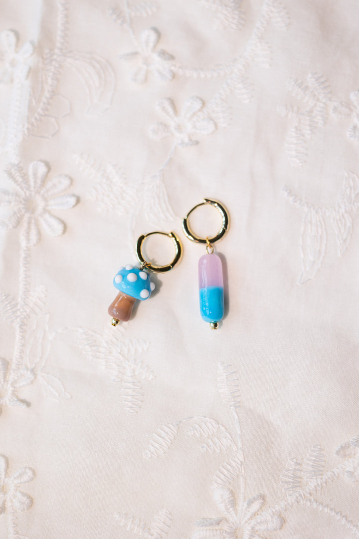 Blue capsule and mushroom earrings