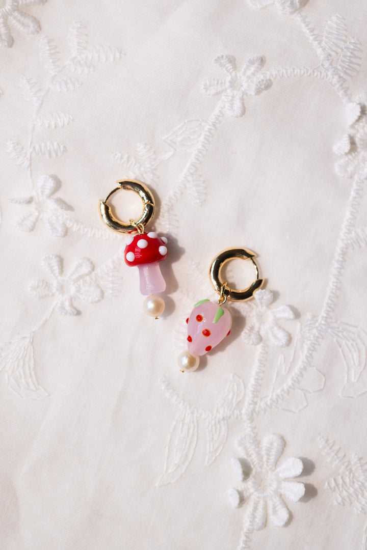 Mushroom, Strawberry and Pearl Earrings