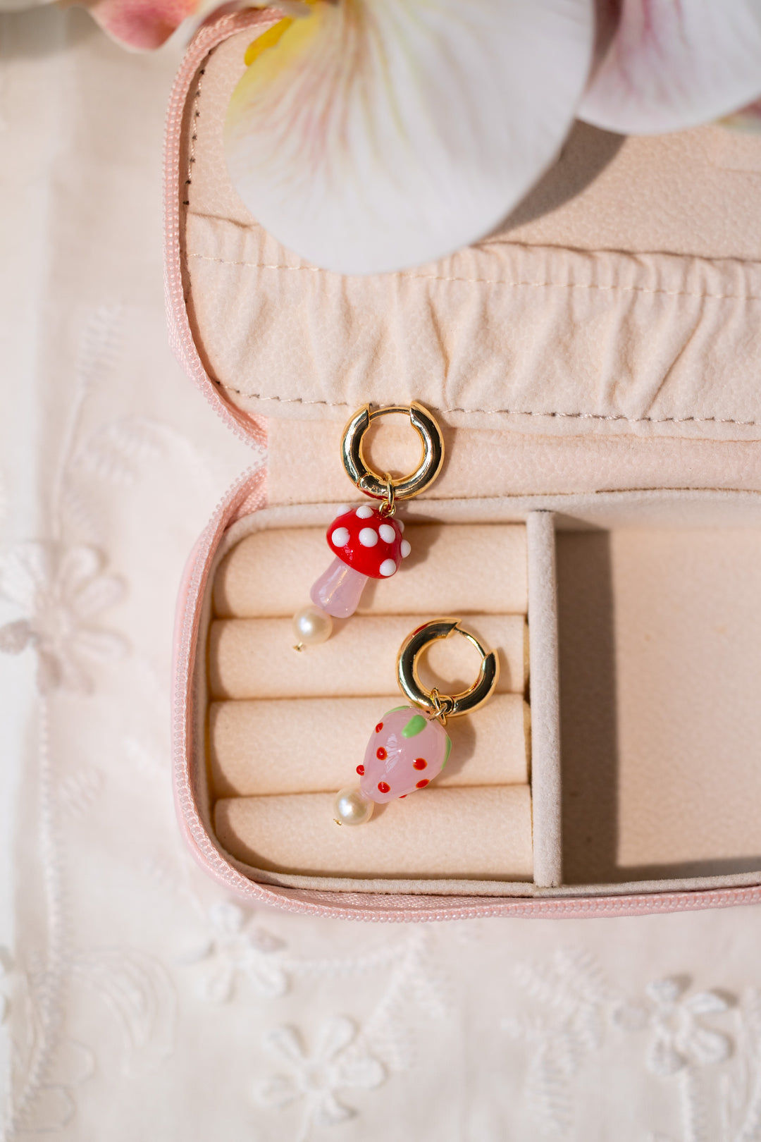 Mushroom, Strawberry and Pearl Earrings