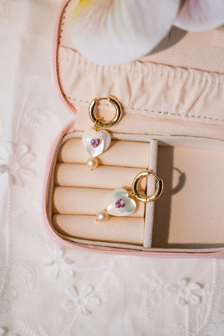 Pink gemstone and mother-of-pearl earrings