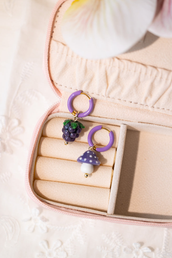 Purple mushroom and raspberry earrings