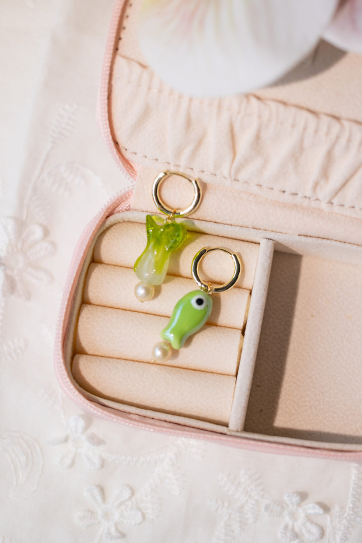 Green fish and vegetable earrings