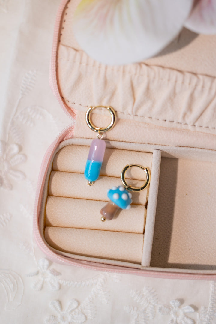 Blue capsule and mushroom earrings