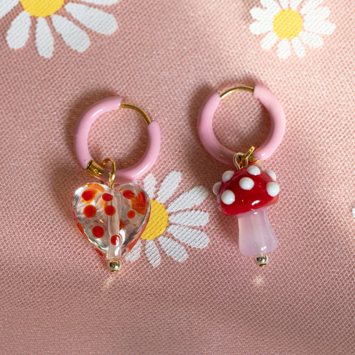 Polka Dot Heart and Red Mushroom Earrings