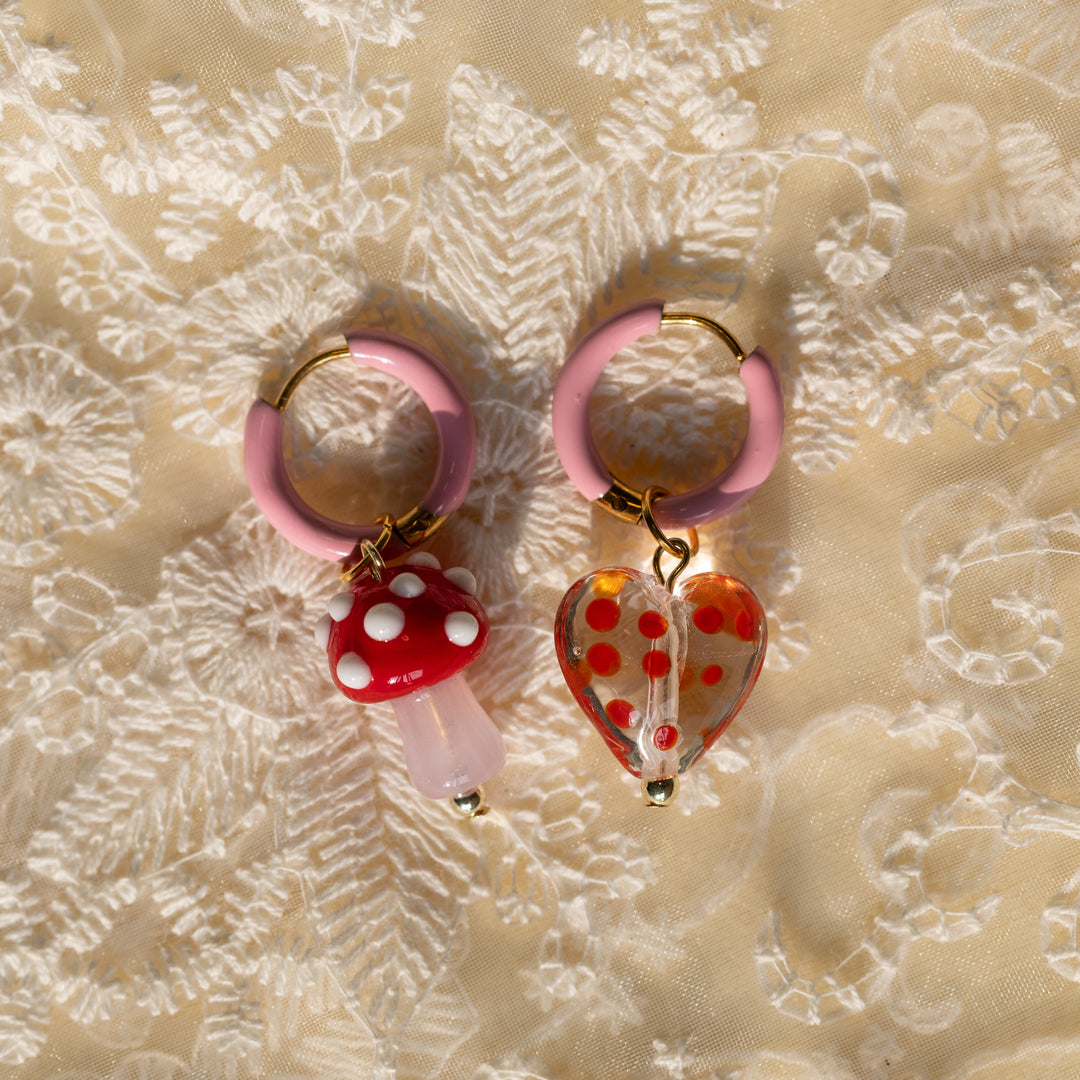 Polka Dot Heart and Red Mushroom Earrings