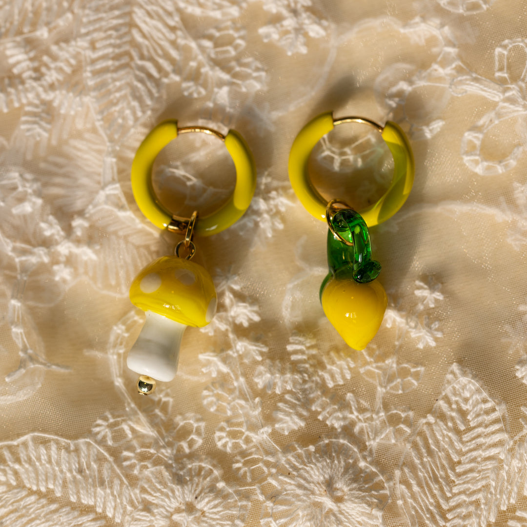 Yellow mushroom and pear earrings