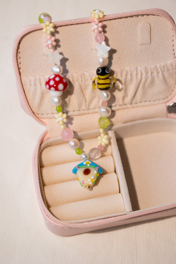 Bee and log cabin beaded necklace