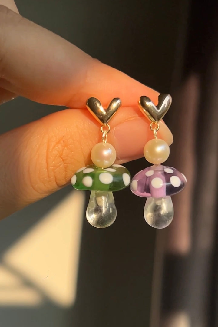 Green and purple mushroom earrings