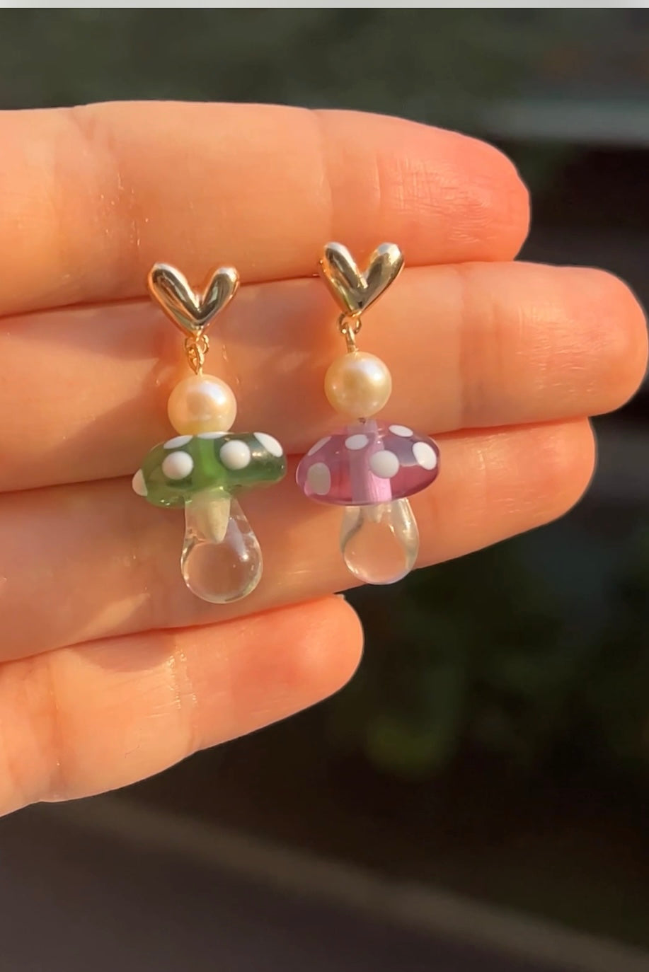 Green and purple mushroom earrings