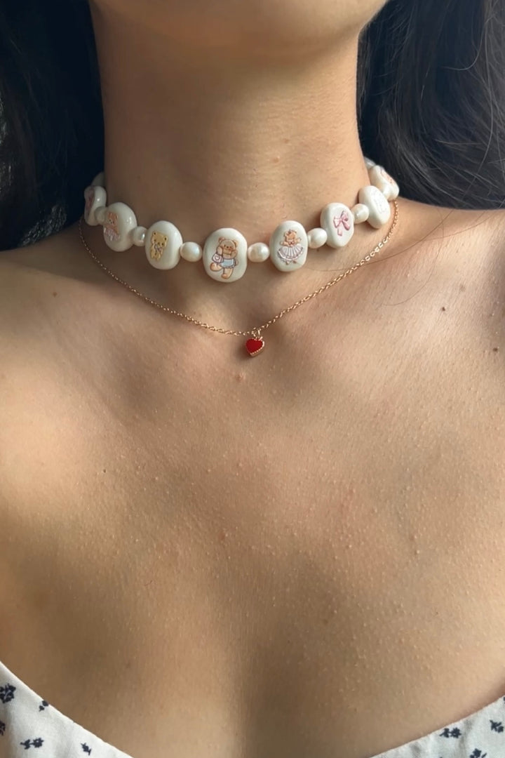 Charming bear & pearl clay choker necklace