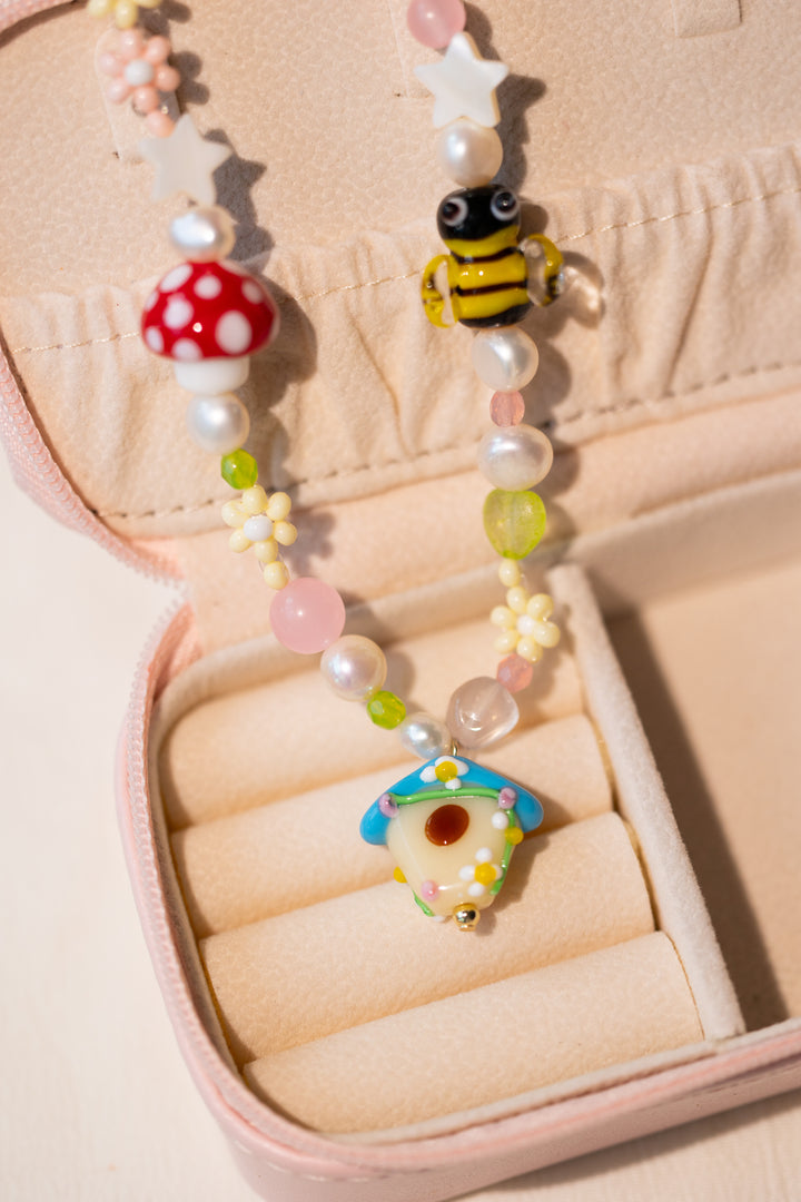 Bee and log cabin beaded necklace