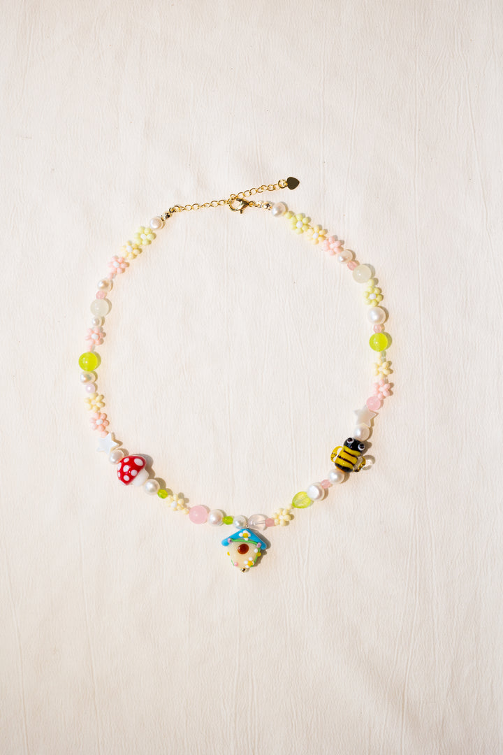 Bee and log cabin beaded necklace