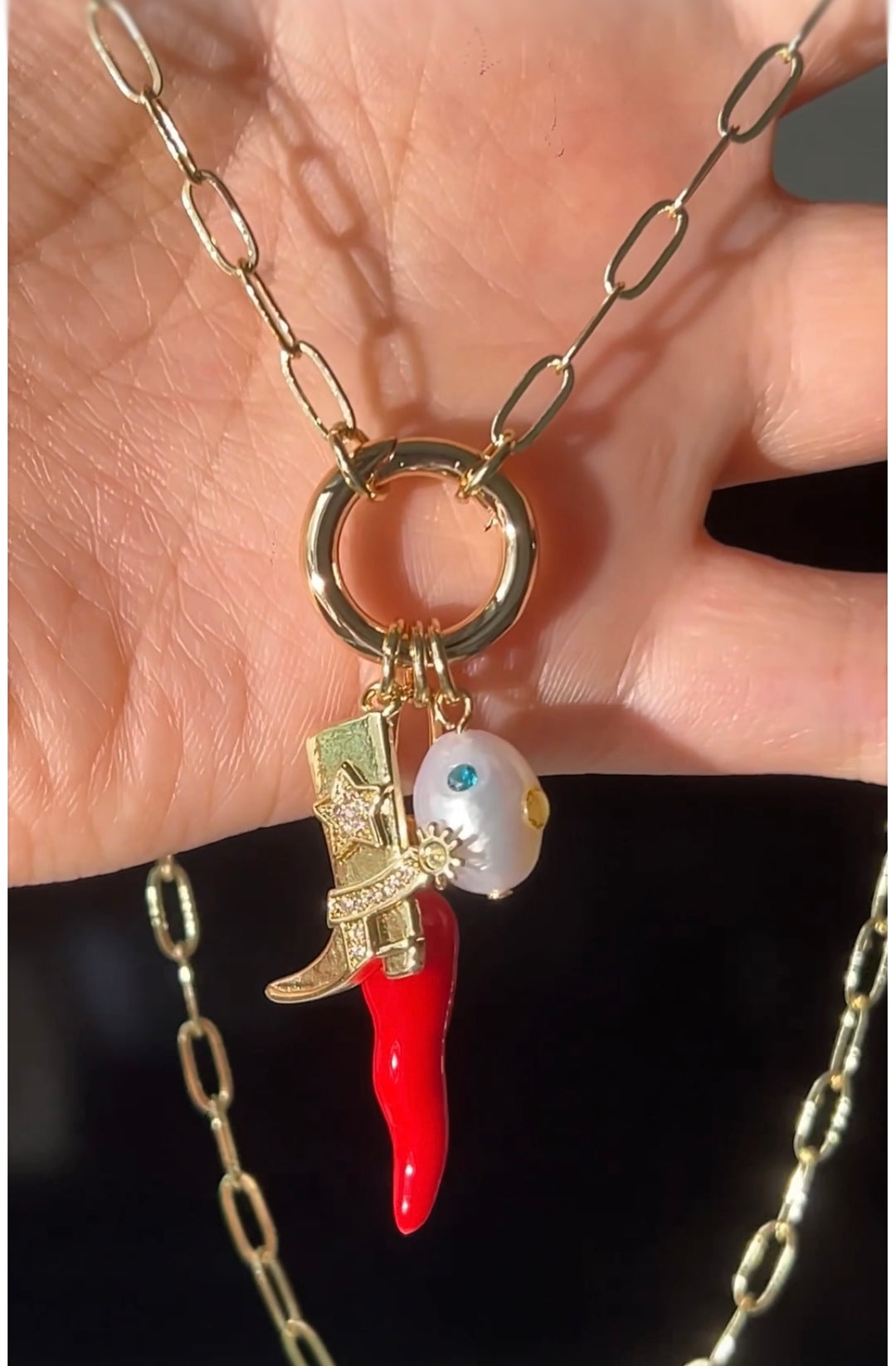 Chili and cowboy boots charm necklace