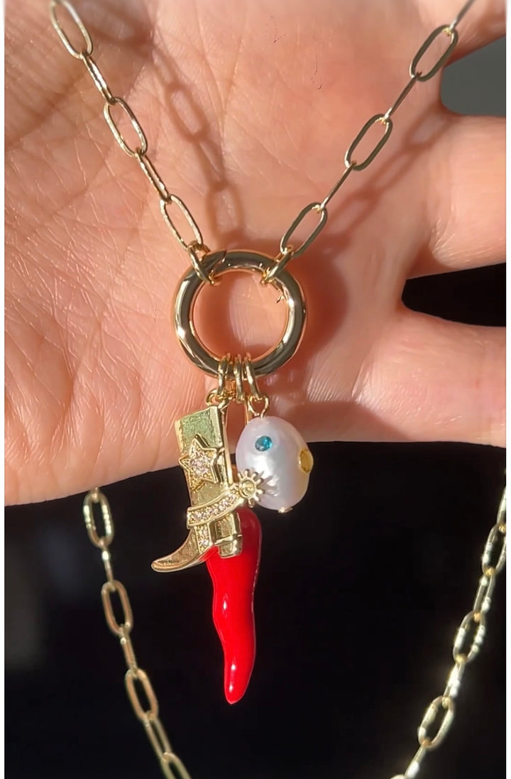 Chili and cowboy boots charm necklace