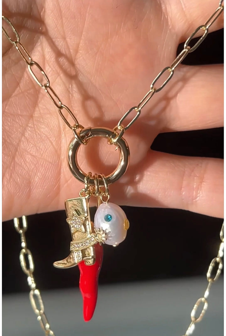 Chili and cowboy boots charm necklace