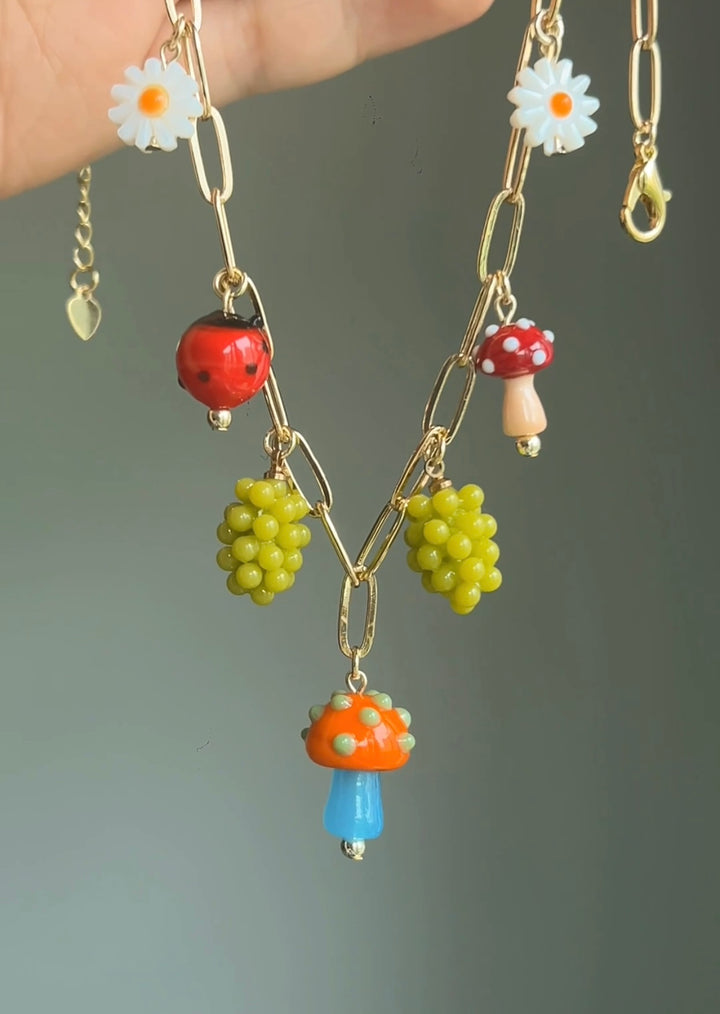 Mushrooms, grapes, ladybugs and daisies Charms Necklace