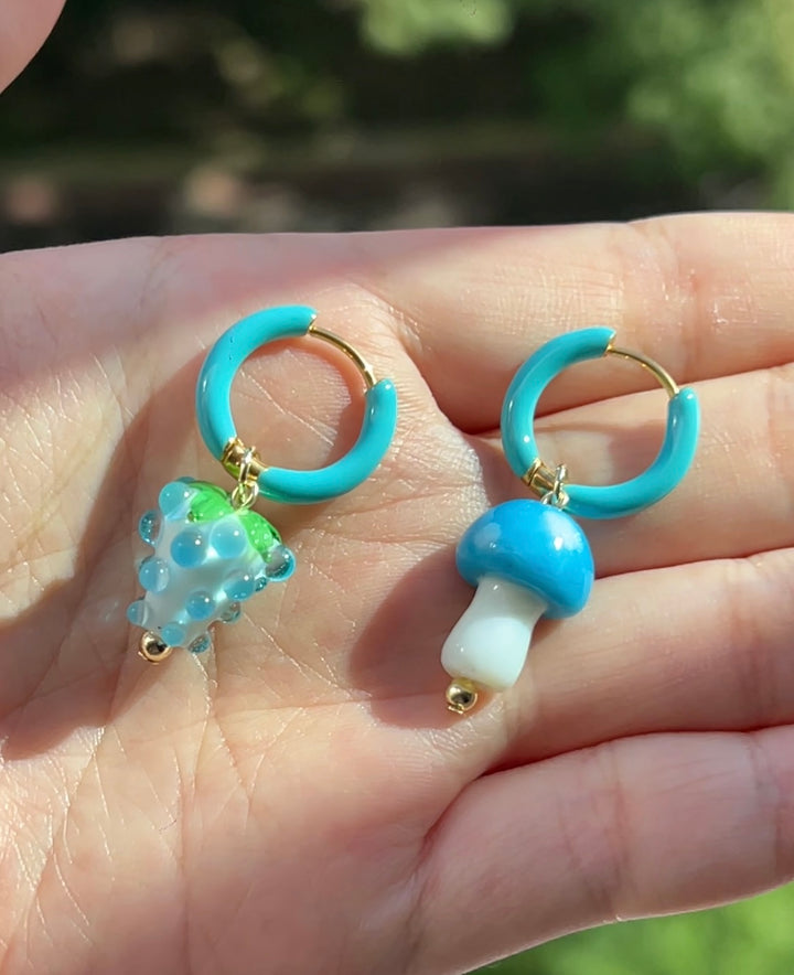 blue mushroom and raspberry earrings